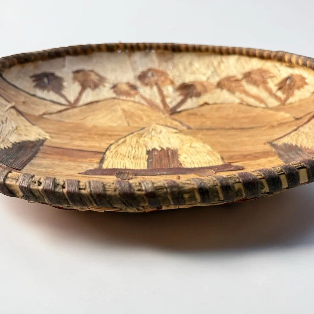 Vintage African Hand Woven Tray Bowl Wall Art Authentic Banana Leaf 15” Folk Art